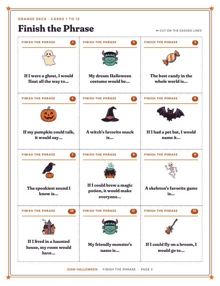 A sheet of Finish the Phrase cards of Finish the Phrase, shown whole