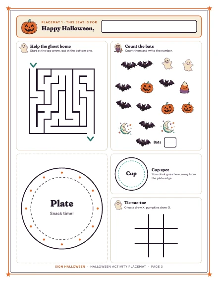 Placemat 1 with maze, counting game and tic-tac-toe of Halloween Activity Placemat, shown whole