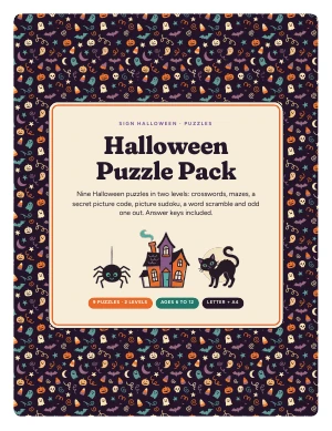 Cover page of Halloween Puzzle Pack, a printable PDF from Sign Halloween