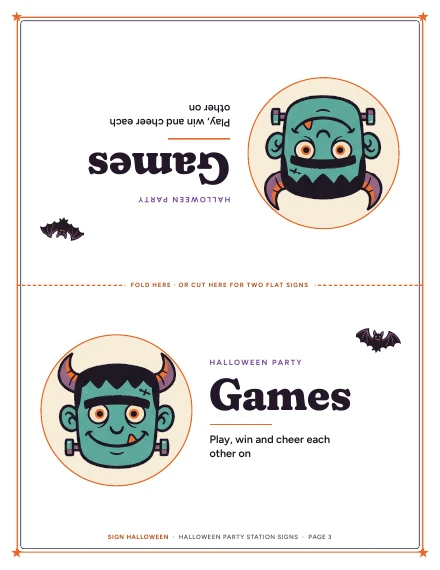 The “Games” station tent card of Halloween Party Station Signs, shown whole