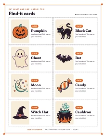 A sheet of eight find-it cards of Halloween Scavenger Hunt, shown whole