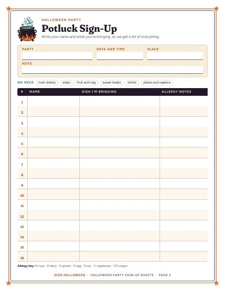 The potluck sign-up sheet of Halloween Party Sign-Up Sheets, shown whole