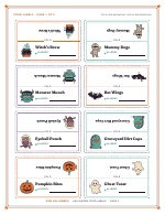 A sheet of eight food label tent cards of Halloween Food Labels, shown whole