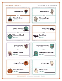 A sheet of eight food label tent cards of Halloween Food Labels, shown whole