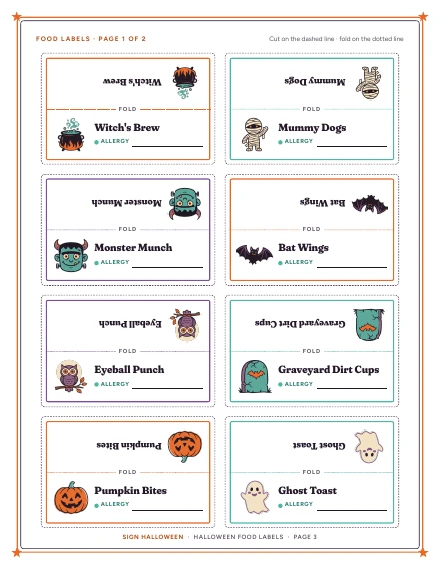 A sheet of eight food label tent cards of Halloween Food Labels, shown whole