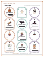 A sheet of twelve treat tags of Halloween Treat Tags, shown whole