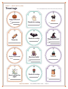 A sheet of twelve treat tags of Halloween Treat Tags, shown whole