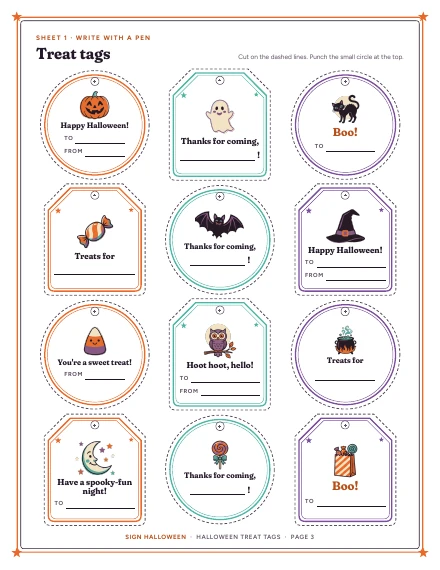 A sheet of twelve treat tags of Halloween Treat Tags, shown whole