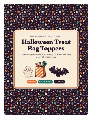Cover page of Halloween Treat Bag Toppers, a printable PDF from Sign Halloween