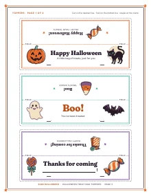 A sheet of three treat bag toppers of Halloween Treat Bag Toppers, shown whole