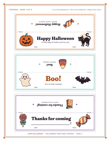 A sheet of three treat bag toppers of Halloween Treat Bag Toppers, shown whole