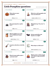 A sheet of Little Pumpkins question cards of Halloween Trivia for Kids, shown whole