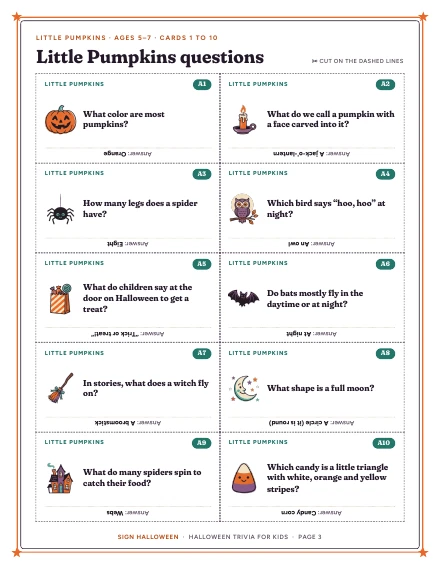 A sheet of Little Pumpkins question cards of Halloween Trivia for Kids, shown whole