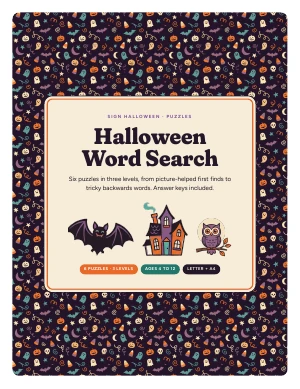 Cover page of Halloween Word Search, a printable PDF from Sign Halloween