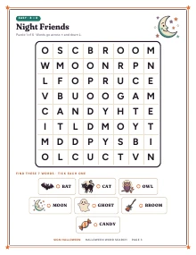 Word search “Night Friends” of Halloween Word Search, shown whole