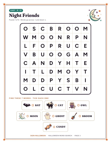 Word search “Night Friends” of Halloween Word Search, shown whole